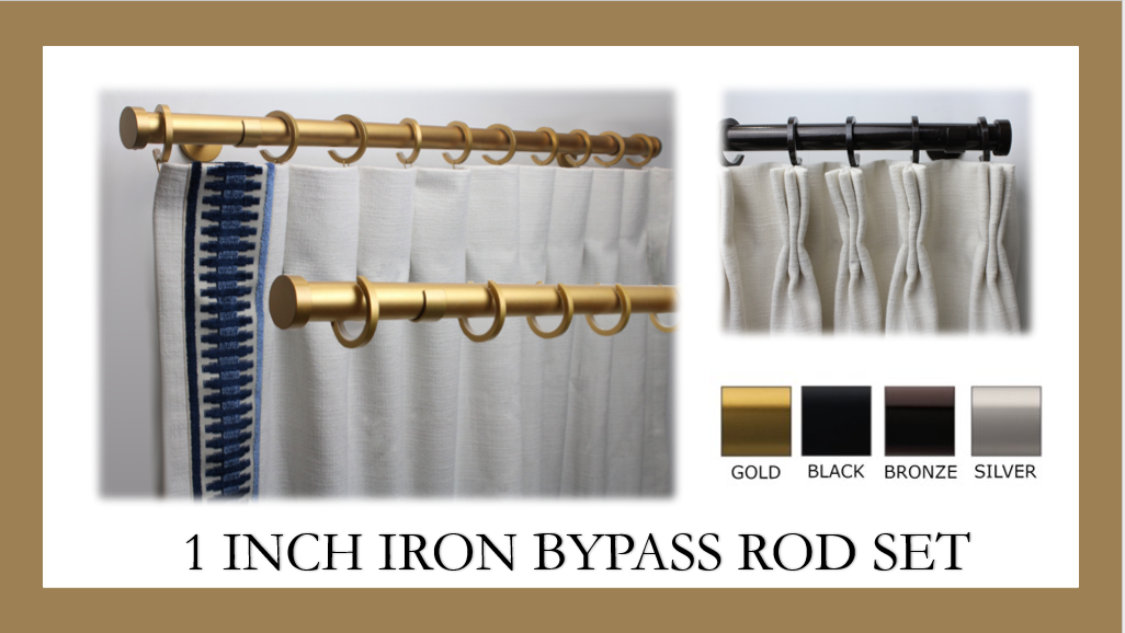 1 Inch Iron Round Drapery Rod Set - Includes Curtain Rod, Bypass Brackets, Bypass Rings, and End Caps - Free Shipping