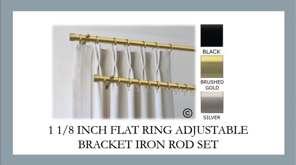 Iron 1 1/8 Inch Round Drapery Rod Set - Includes Curtain Rod, Adjustable Brackets, Flat Rings, and End Caps - New Hardware Line