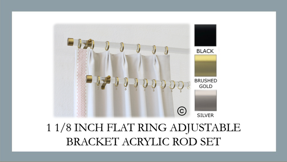 Acrylic 1 1/8 Inch Round Drapery Rod Set - Includes Curtain Rod, Adjustable Brackets, Flat Rings, and End Caps - New Hardware Line