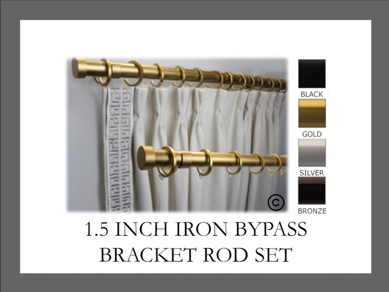 1.5 Inch Iron Round Drapery Rod Set - Includes Curtain Rod, Bypass Brackets, Bypass Rings, and End caps