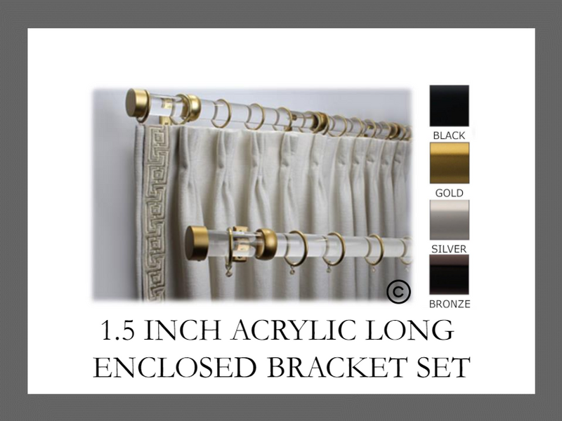 1.5 Inch Acrylic Lucite Round Drapery Rod Set - Includes Curtain Rod, Long Enclosed/Ceiling Mount Brackets, Rings, End Caps