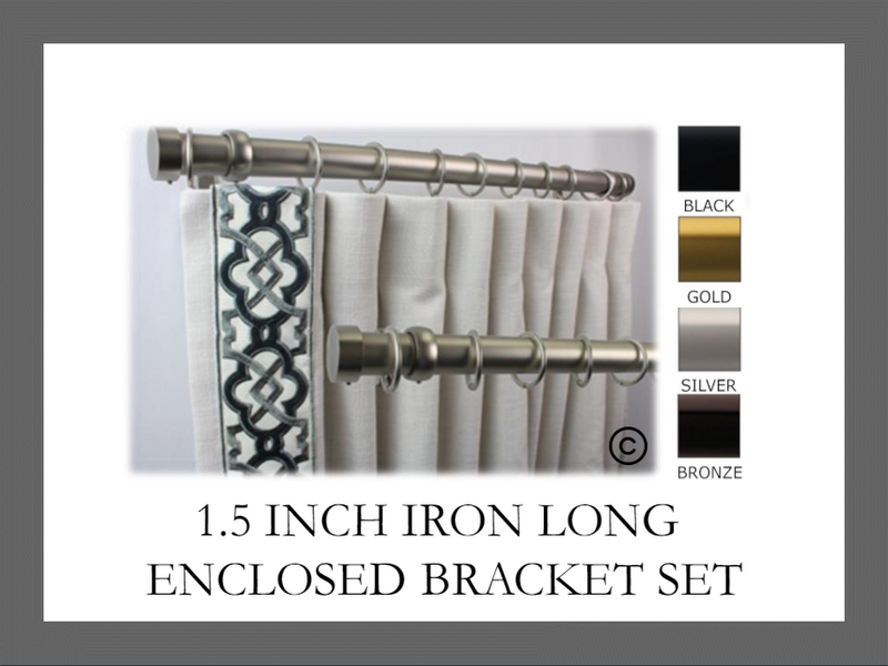 1.5 Inch Iron Round Drapery Rod Set - Includes Curtain Rod, Long Fully Enclosed Brackets, Rings, and End caps