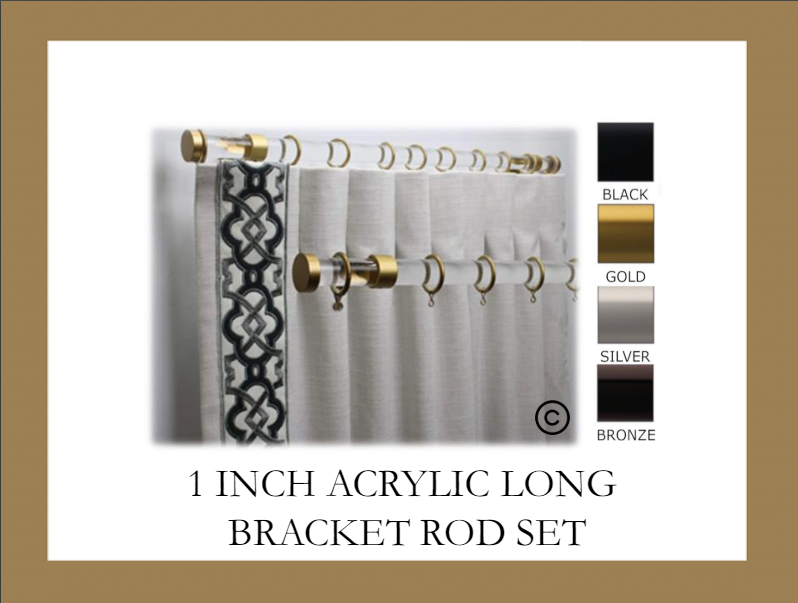 1 Inch Acrylic Lucite Round Drapery Rod Set - Includes Curtain Rod, Long Enclosed Brackets, Rings, and End Caps