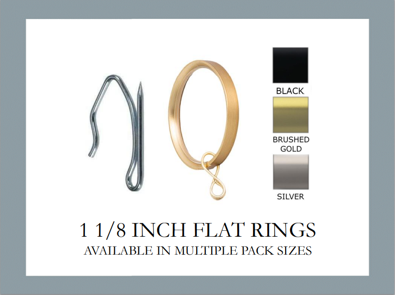 Flat Drapery Rings with Eyelet and Silver Drapery Pins - For 1 1/8 Inch Diameter Rod - Available in Gold, Silver, and Black Finish