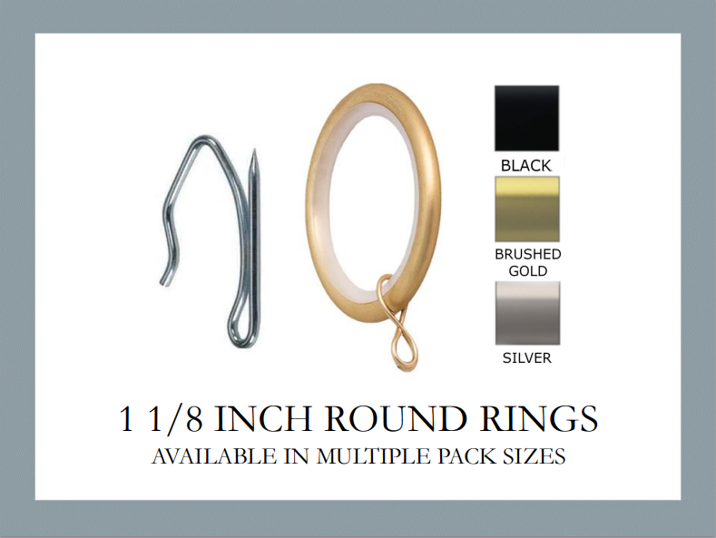 Round Drapery Rings with Eyelet and Silver Drapery Pins - For 1 1/8 Inch Diameter Rod - Available in Gold, Silver, and Black Finish