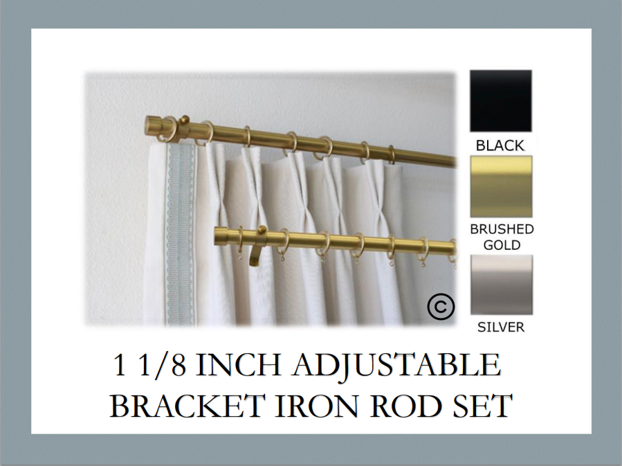 Iron 1 1/8 Inch Round Drapery Rod Set - Includes Curtain Rod, Adjustable Brackets, Rings, and End Caps