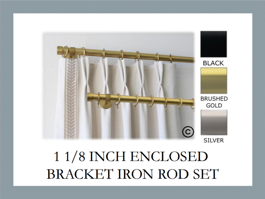 Iron 1 1/8 Inch Round Drapery Rod Set - Includes Curtain Rod, Enclosed Brackets, Rings, and End Caps