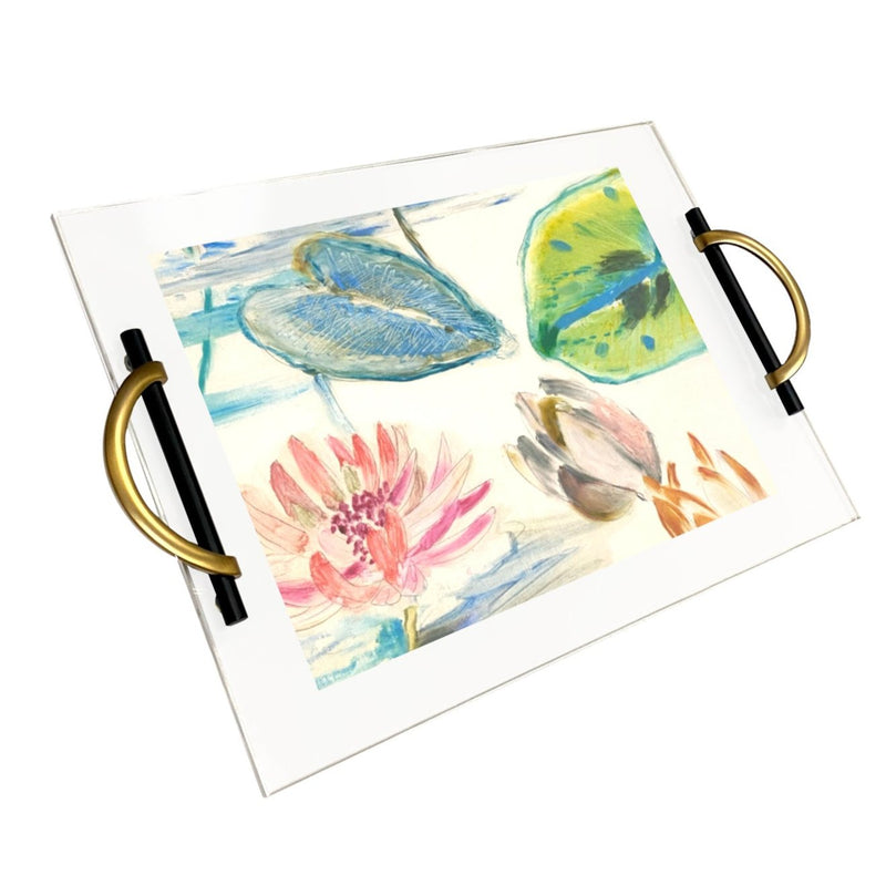 Double Pane Acrylic Serving Tray with Collage/Wallpaper Display - Multiple Handle Options - Fabrics and Drapes