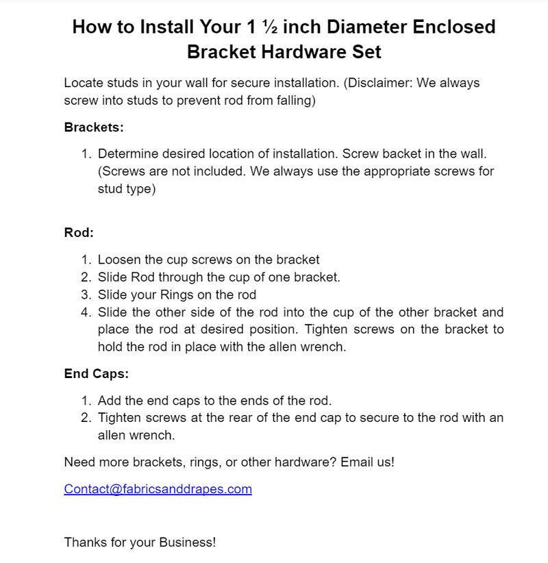 1.5 Inch Iron Round Drapery Rod Set - Includes Curtain Rod, Long Fully Enclosed Brackets, Rings, and End caps