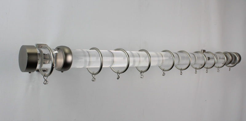 1.5 Inch Acrylic Lucite Round Drapery Rod Set - Includes Curtain Rod, Long Enclosed/Ceiling Mount Brackets, Rings, End Caps