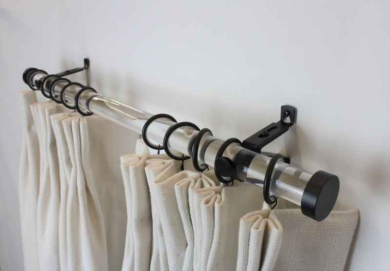 Acrylic Lucite 1 Inch Round Drapery Rod Set - With Custom Cut Curtain Rod, Adjustable Projection Brackets, Rings, and End Caps