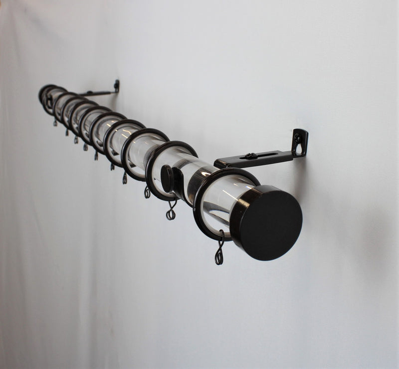 Acrylic Lucite 1 Inch Round Drapery Rod Set - With Custom Cut Curtain Rod, Adjustable Projection Brackets, Rings, and End Caps