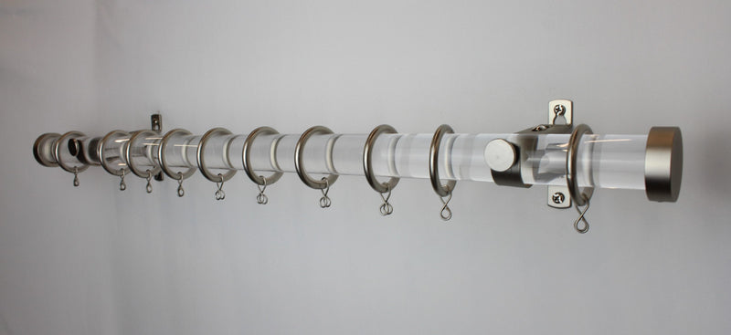 Acrylic Lucite 1 Inch Round Drapery Rod Set - With Custom Cut Curtain Rod, Adjustable Projection Brackets, Rings, and End Caps