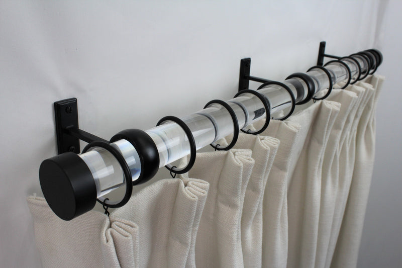 1.5 Inch Acrylic Lucite Round Drapery Rod Set - Includes Curtain Rod, Long Enclosed/Ceiling Mount Brackets, Rings, End Caps