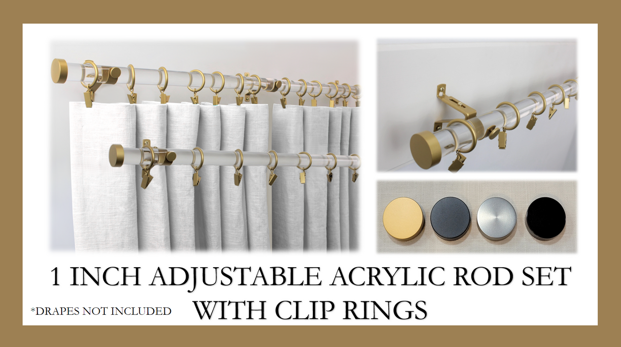 1 Inch Acrylic Lucite Round Drapery Rod Set-Includes Curtain rod, Adjustable brackets, Rings with Clips, and End Caps -Free Shipping