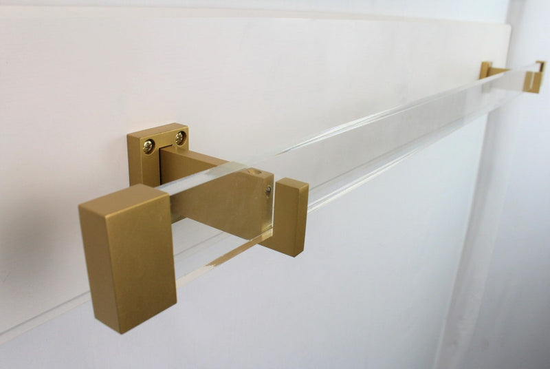 Acrylic Lucite Rectangular Curtain Rod Set- Gold - Includes Drapery Curtain Rod, Brackets, Rings, and End Caps