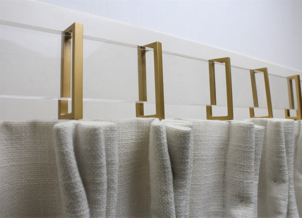 Acrylic Lucite Rectangular Curtain Rod Set- Gold - Includes Drapery Curtain Rod, Brackets, Rings, and End Caps