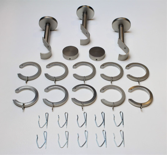 1.5 Inch Diameter- Bypass/Carryover Curtain Hardware 15 Piece Set-Use With Clear Acrylic or Iron Rod- Gold, Silver, Black, or Bronze Finish